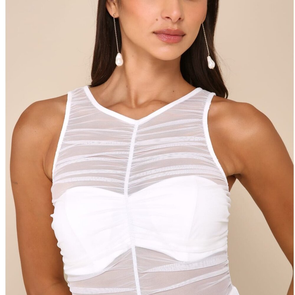 Lulus Sultry Charisma White Mesh Ruched Sleeveless Wide Leg Jumpsuit - Size L - Picture 3 of 5
